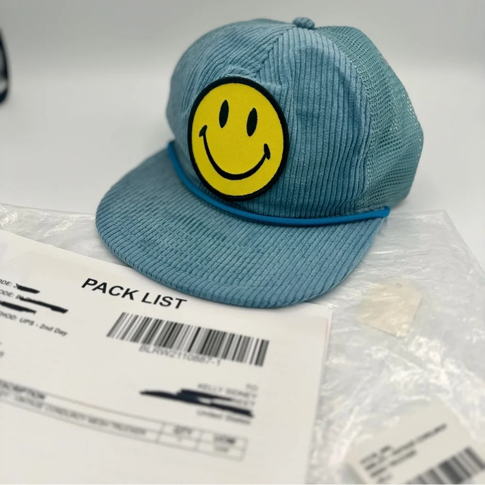 Aviator Nation Blue Corduroy Trucker Hat with Yellow Smiley Patch